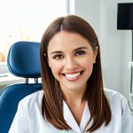 **A dentist attentively listening to a female patient in a modern dental office. The dentist is smiling empathetically and maintaining eye contact. The office is clean, well-lit, and features calming colors. The scene should convey trust and open communication.**