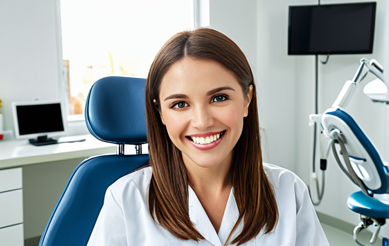 **A dentist attentively listening to a female patient in a modern dental office. The dentist is smiling empathetically and maintaining eye contact. The office is clean, well-lit, and features calming colors. The scene should convey trust and open communication.**