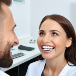**

A bright, modern dental clinic. A dental hygienist is expertly using an intraoral scanner on a patient. On a nearby screen, a 3D model of the patient's teeth is visible. In the background, a dentist smiles approvingly, highlighting teamwork and the integration of technology. The overall atmosphere should be clean, professional, and reassuring. Polish signage and dental products are subtly incorporated.

**
