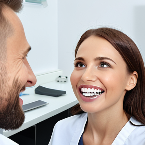 **

A bright, modern dental clinic. A dental hygienist is expertly using an intraoral scanner on a patient. On a nearby screen, a 3D model of the patient's teeth is visible. In the background, a dentist smiles approvingly, highlighting teamwork and the integration of technology. The overall atmosphere should be clean, professional, and reassuring. Polish signage and dental products are subtly incorporated.

**