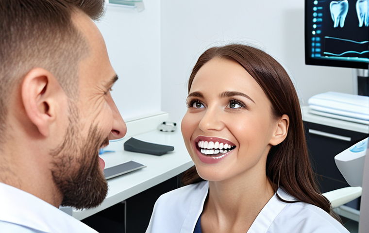 **
A bright, modern dental clinic. A dental hygienist is expertly using an intraoral scanner on a patient. On a nearby screen, a 3D model of the patient's teeth is visible. In the background, a dentist smiles approvingly, highlighting teamwork and the integration of technology. The overall atmosphere should be clean, professional, and reassuring. Polish signage and dental products are subtly incorporated.
**