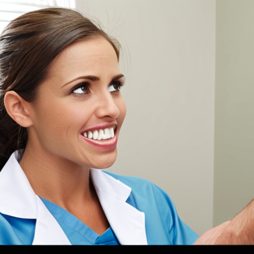 **

A dental hygienist looking stiff and unapproachable during a job interview. Focus on negative body language: lack of eye contact, no smile. The setting is a modern dental office.

**