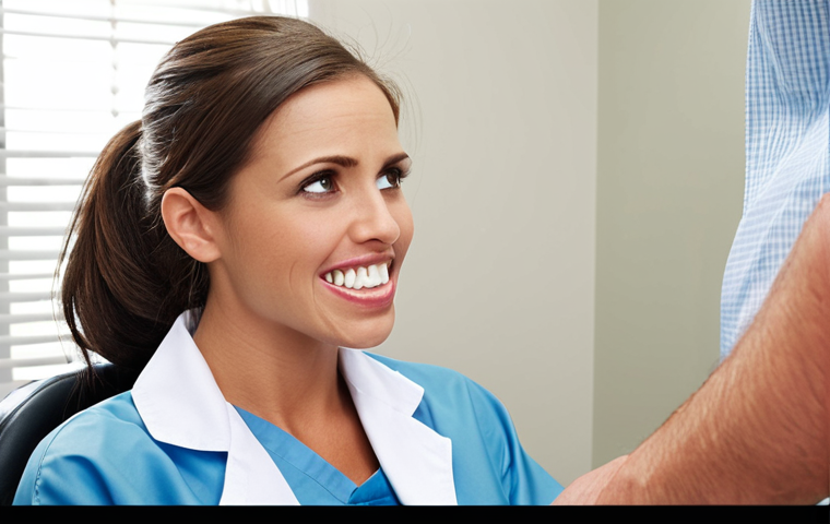**
A dental hygienist looking stiff and unapproachable during a job interview. Focus on negative body language: lack of eye contact, no smile. The setting is a modern dental office.
**